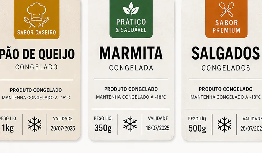 Etiquetas em embalagens de produtos congelados