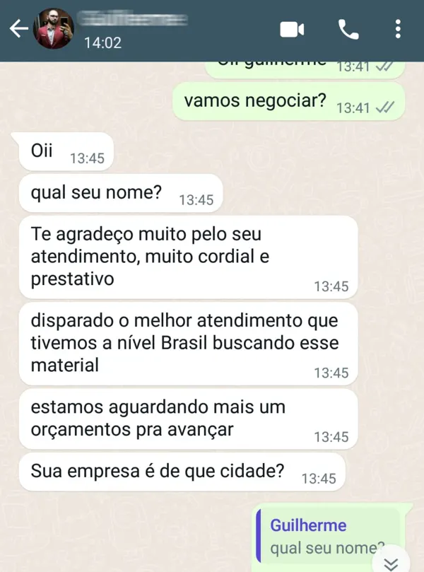 Print de conversa: cliente diz que foi o melhor atendimento que teve buscando o material no Brasil