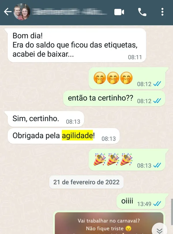 Print de conversa: cliente confirma o pedido e agradece a agilidade